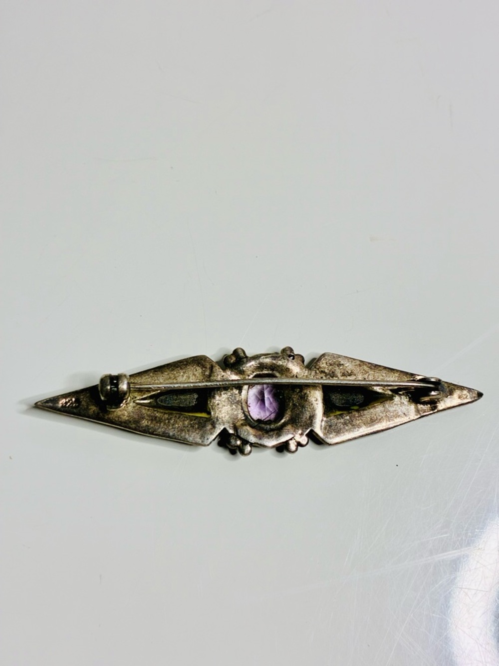925 Victorian Inspo Art Deco VTG BL Onyx Inlayed Amethyst Marcasite Bar Brooch - Picture 4 of 13